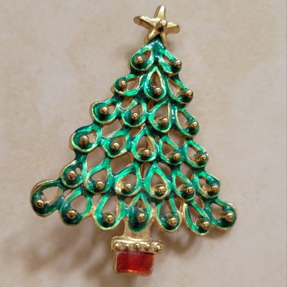 Vintage Enamel and Gold Beaded Shiny Christmas Tree Brooch/Pin - Picture 1 of 3